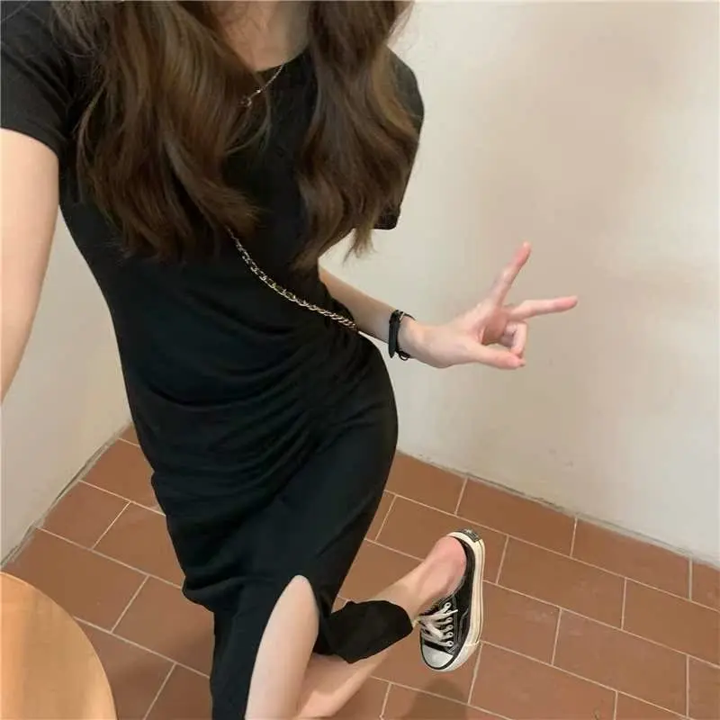 Coréen Sle taille haute a-ligne Midi Dr ort Sve rond Ne couleur été nouveau fendu femmes T-shirt Dr