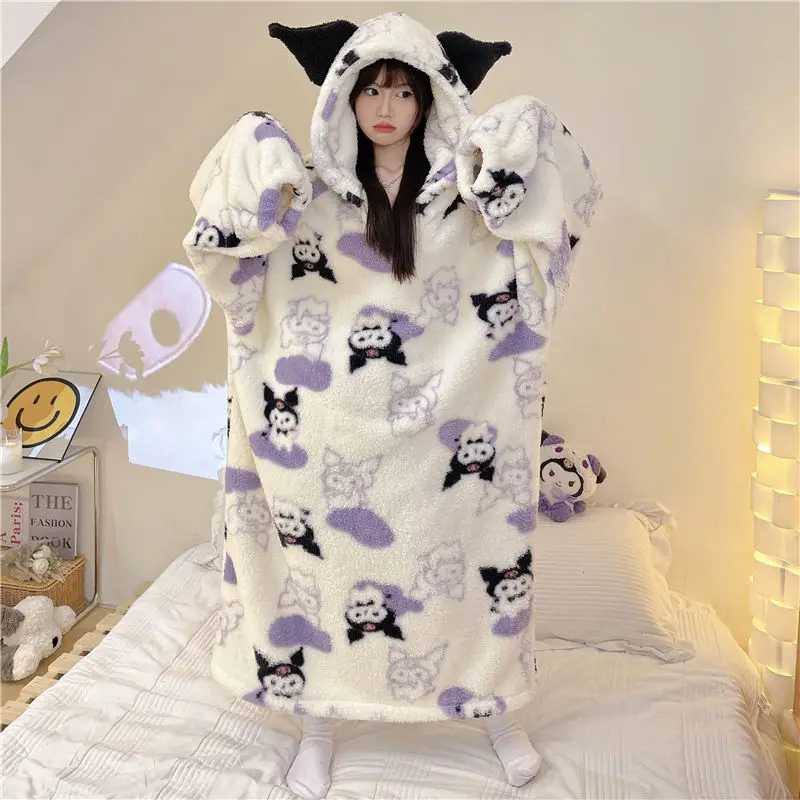 Sanrios Kuromi Pajama Skirt Anime Cartoon Woman Autumn Winter Plush Keep Warm Girl Long Style Oversized Robe Home Wear Nightgown