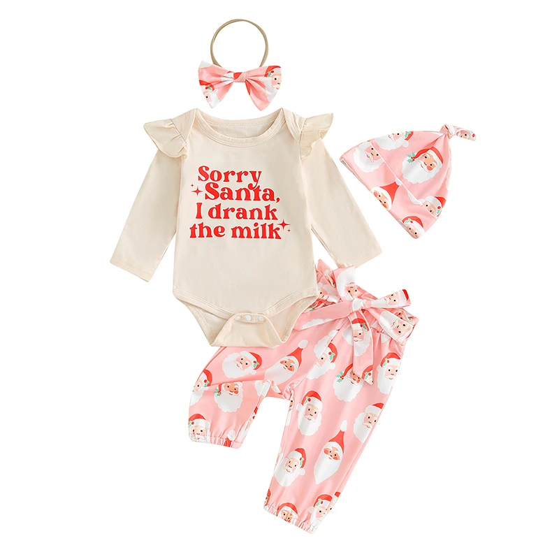 

0-18M Baby Girls Christmas Outfits Letter Print Long Sleeve Rompers Santa Print Pants Headband Hat 4Pcs Xmas Clothes Set