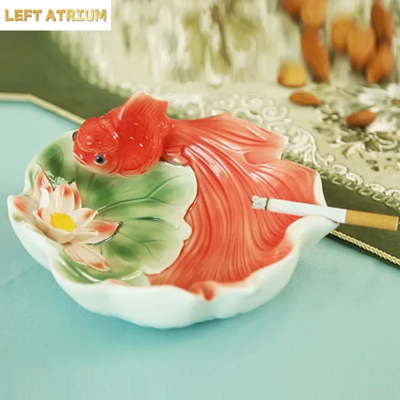 European living room goldfish lotus pattern ceramic ashtray home office multi-functional portable candy tray storage ashtray 1Pc