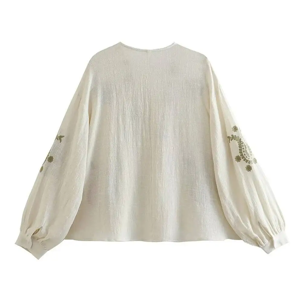 Camisa feminina retrô com decote em V e manga lanterna outono/inverno novo produto casual top bordado