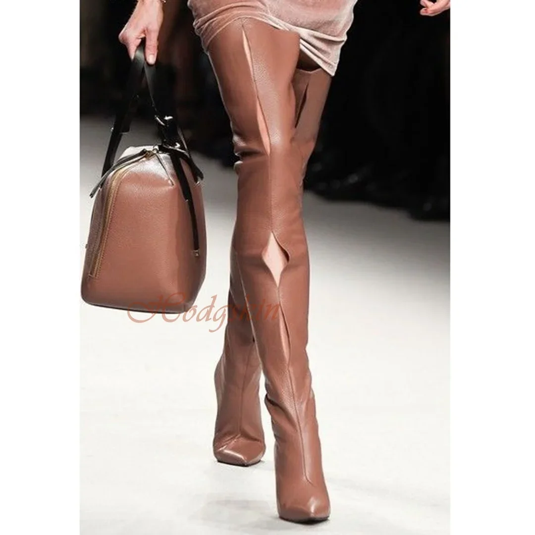 Cut Outs Thin Boots Pointed Toe Solid Real Leather Stiletto Heels Thigh High Boots Women Runway Shoes New Style Party Designer