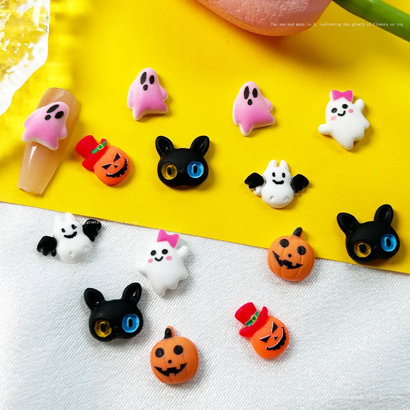 10pcs Resin Mini Colorful Painted Cartoon Ghosts Bat Spider Bat Charms Figurines Flat back Nail Art DIY Halloween Nail Art Decor