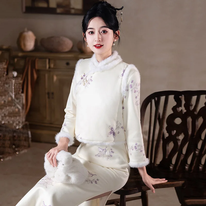 East Lady Embroidery Qipao 2Pcs Elegant Vest&qipao Cheongsam Patch Work Eveningparty Dress Glamorous Vintage Button Vestidos