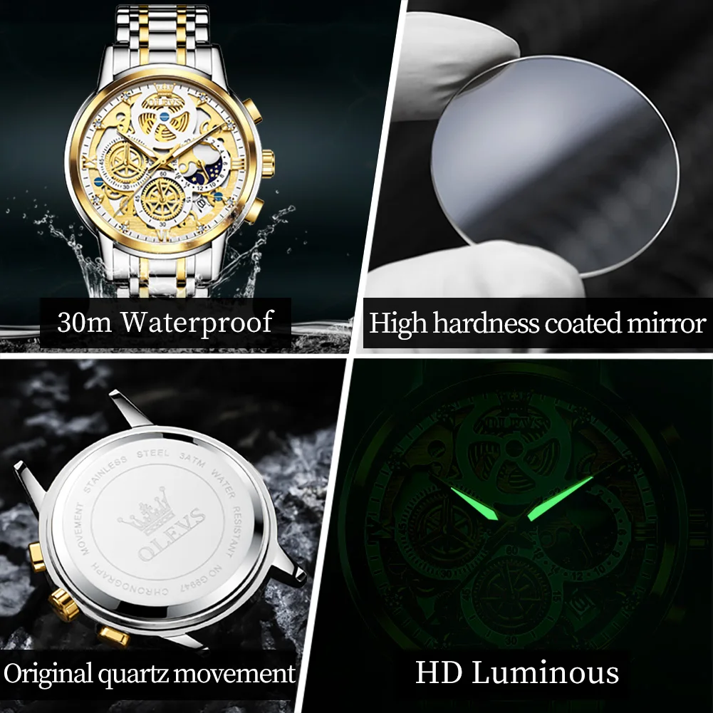 OLEVS 9947 Luxury Man Watch 3D Hollow Flywheel Design Men's Quartz Wristwatch Chronograph Moon Phase Multifunction Watch for Men