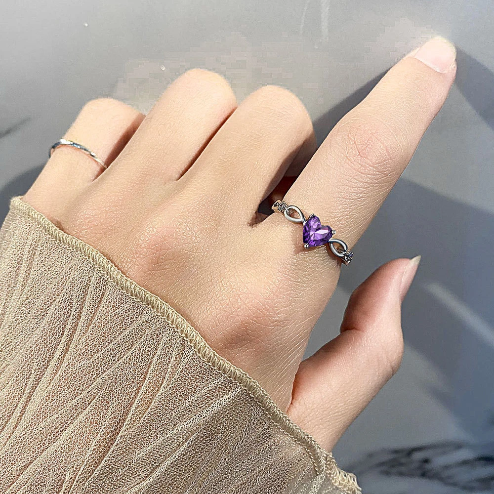 Trumium Authentic 925 Sterling Silver Amethyst Finger Rings for Women Heart Shape Wedding Promise Ring Bridal Party Gift