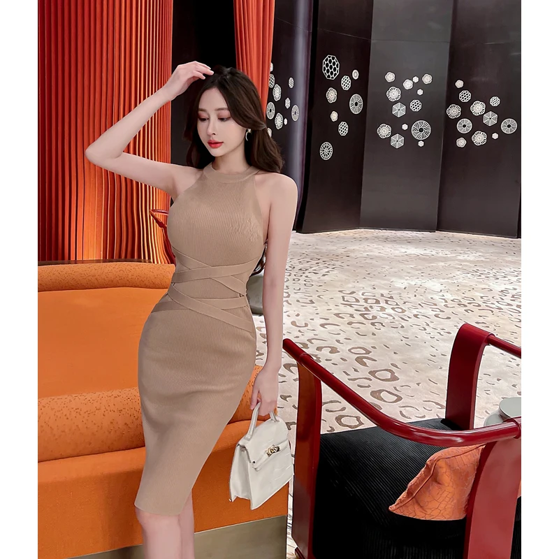 Halter Collar Camisole Dress Women\'s Bandage Knitted Sheath Tank Dresses Spring Summer