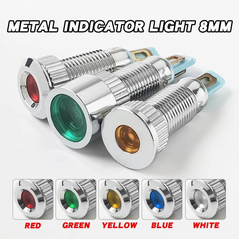 

8MM LED Metal Indicator Light Welding Foot Red Green Yellow Blue White Signal Lamp 6V 12V 24V 220V Waterproof