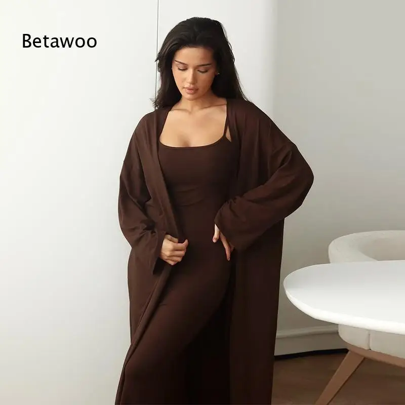 Women's Long Sleeve Open Front Cardigan and Square Neck Bodycon Maxi Dress Two Piece Set, Elegant Solid Color Lounge Outfit