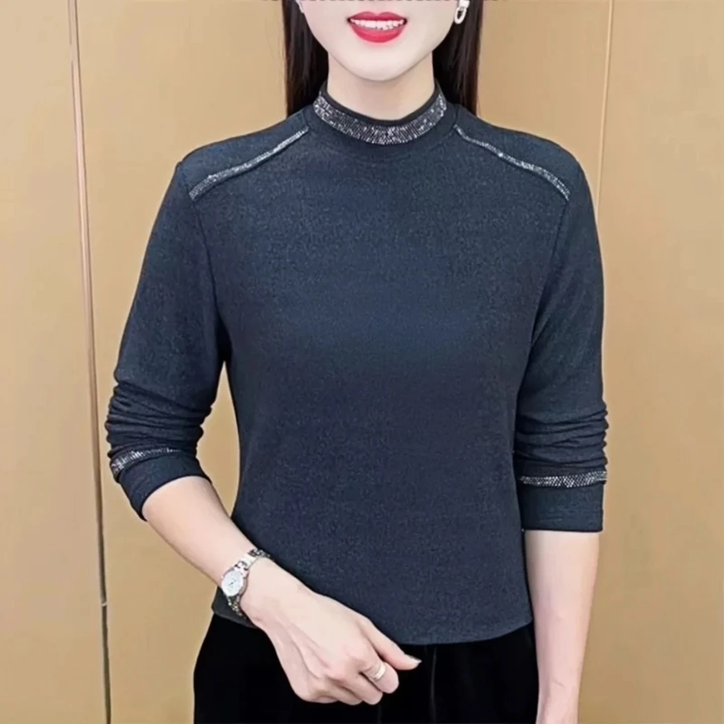 Slimming Effect Velvet Long Sleeve Half High Collar Base Layer T-Shirt Fashionable Mid-Aged Women's Top Trendy Commute Wear