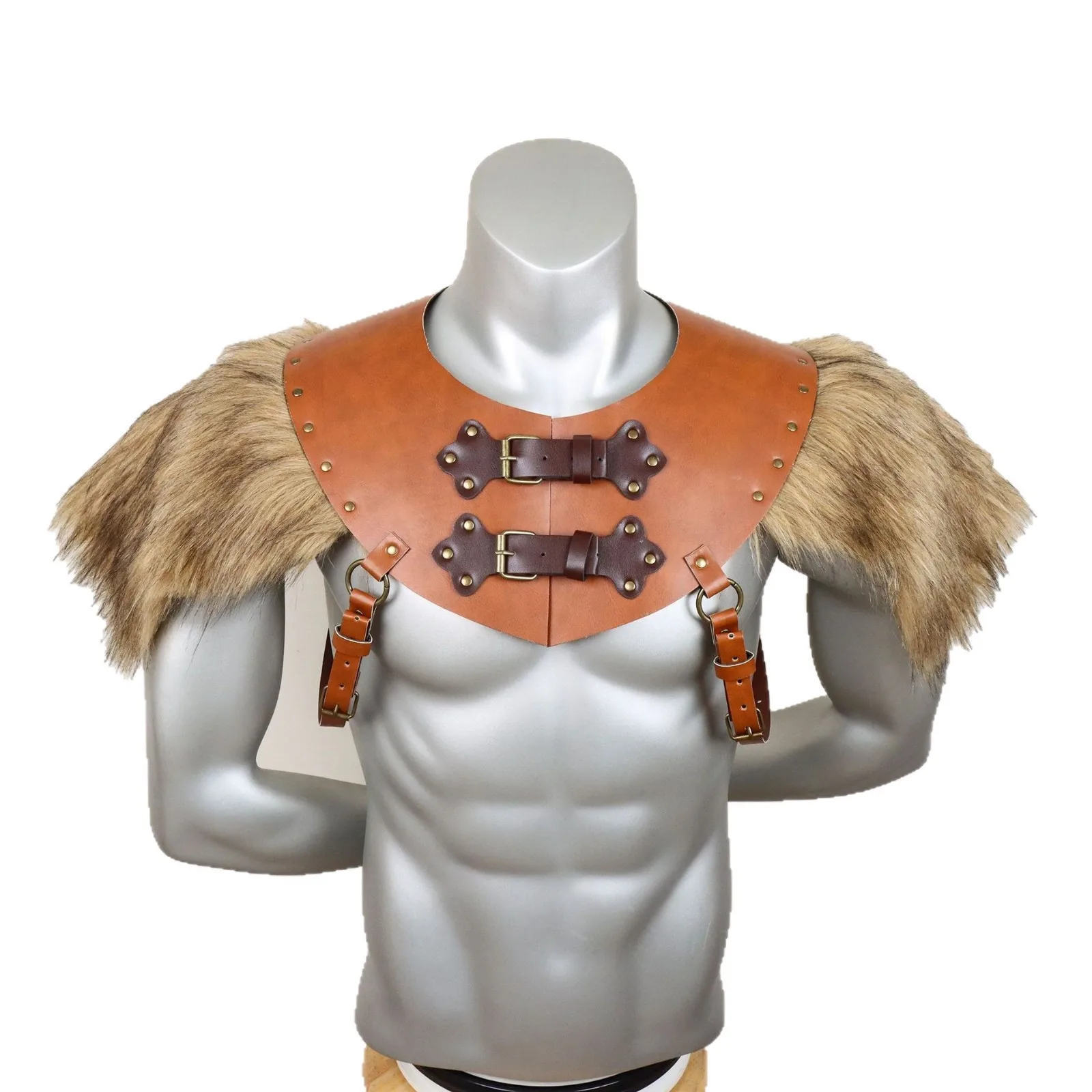 Medieval Faux Fur and PU Leather Stitched Armor Knight Adjustable Back Golden Vest Cosplay Costume Accessories Props
