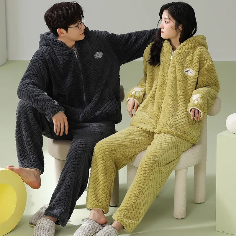 Couple Pajamas Winter Flannel Sleepwear Long Sleeve Coral Fleece Warm Pajamas Men Pajama Sets Homewear Korean Kawaii Clothes