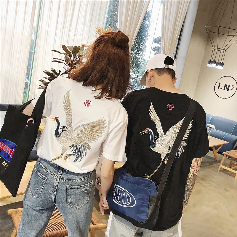 Harajuku Japan Brand Chic Crane Bird Embroidery T Shirts Men Women Oversized Y2k Tops Cotton Black White Summer Tee Hip Hop 2022