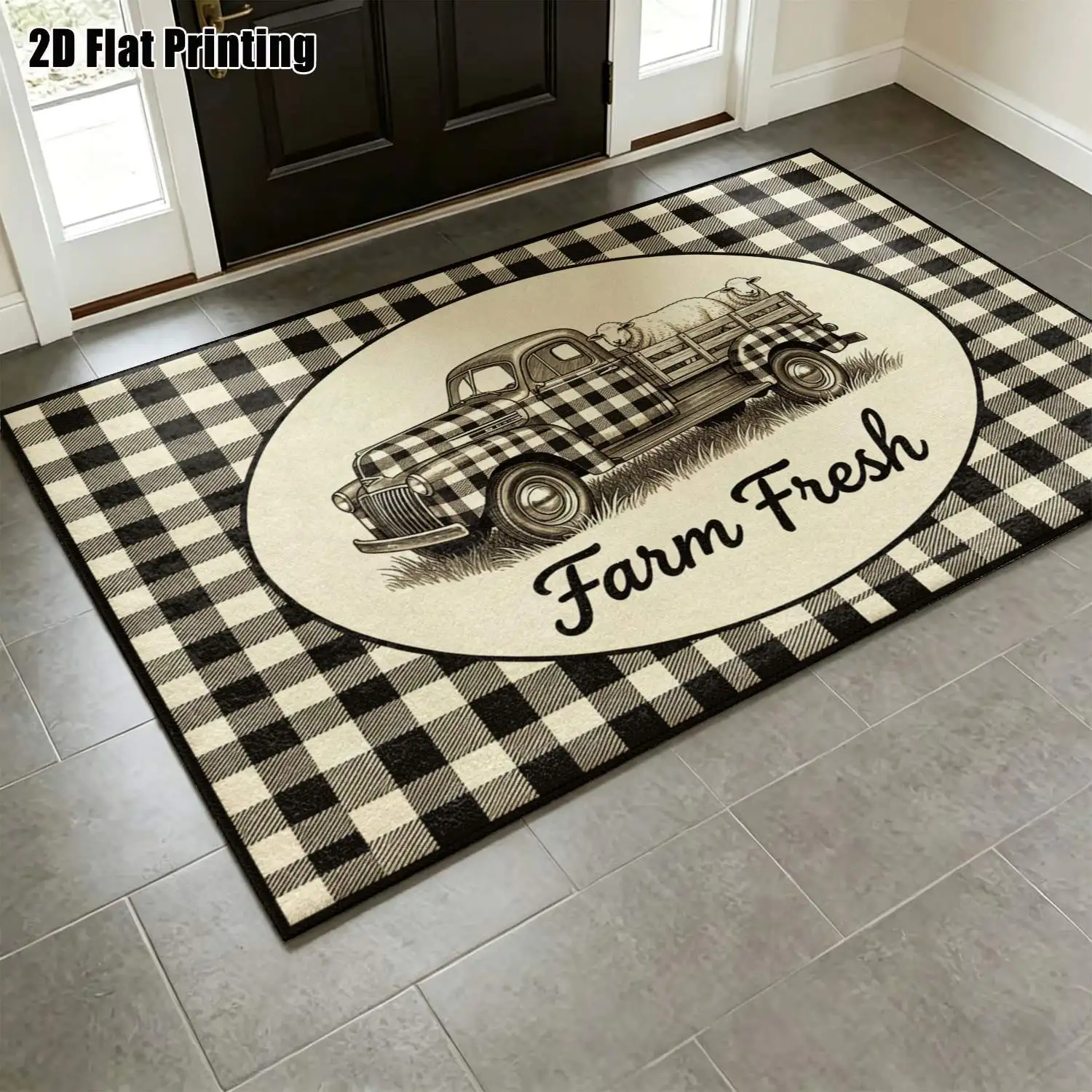 1Pc 2D Printed Checkered Truck Pattern Vintage European Geometric Striped Carpet, Washable, Multi-Size, Suitable for Home Decor as a Door Mat, Dining Area Rug, Foyer Rug, Bedroom Rug, Living Room Rug