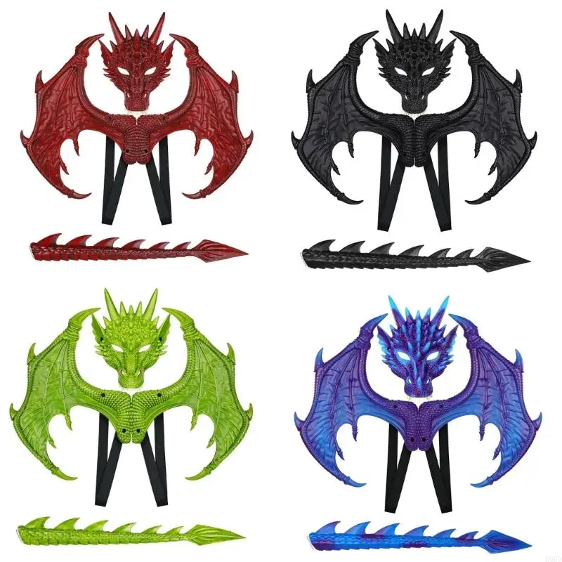 

R66D Fun Dragon Wings Costume for Kids Dinosaur Tail Mask Sets, Cool Halloween Cosplays Dragon Costume Mask for Children Boys