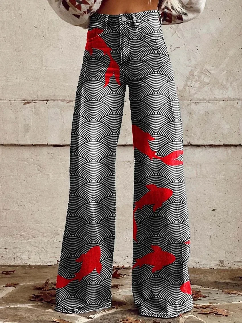 Women's denim flared pants micro flared pants 3D printed rose jeans fashionable and comfortable oversized jeans flared pants