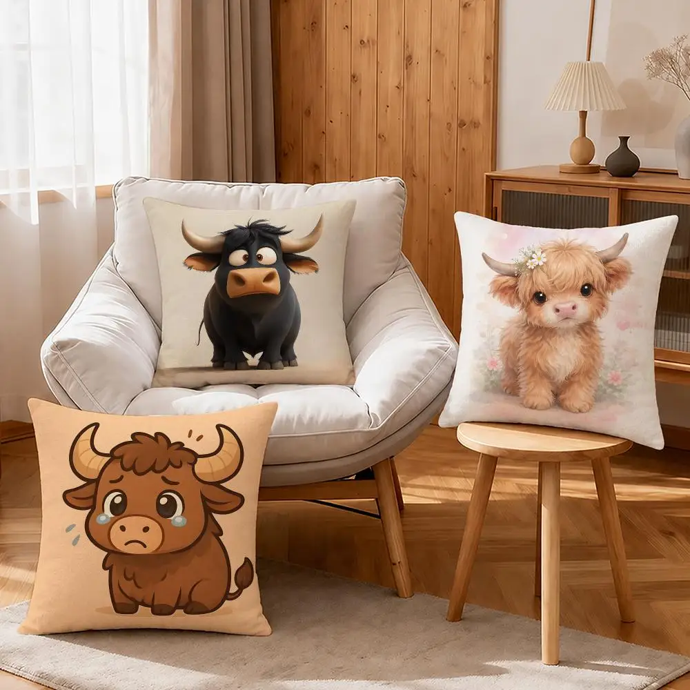 Animal Highland Cow Cushion Cover Linen Anti‑mite Antibacterial Cushion Cover Invisible Zipper for Couch Living Room