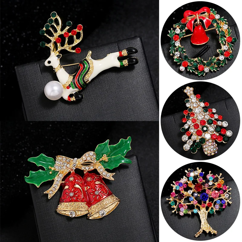 1PC Christmas Enamel Brooch Pins Rhinestone Xmas Tree Wreath Bell Metal Pins Jewelry Gift For Women Merry Christmas Decor Gifts