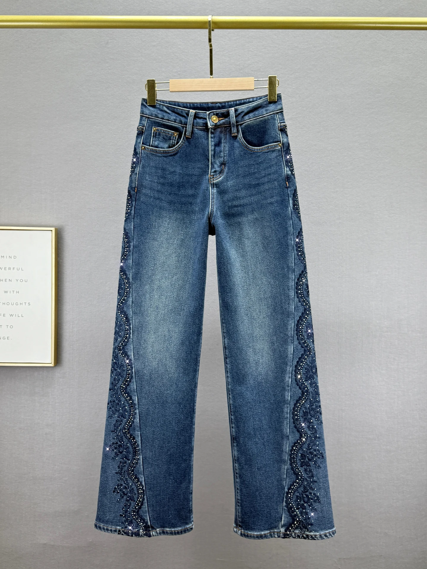 

Fce Lined Wide Leg Jeans Women's Loose Fit High Waist Slimming Vintage Rhinestone Denim Trousers Winter New Arrival