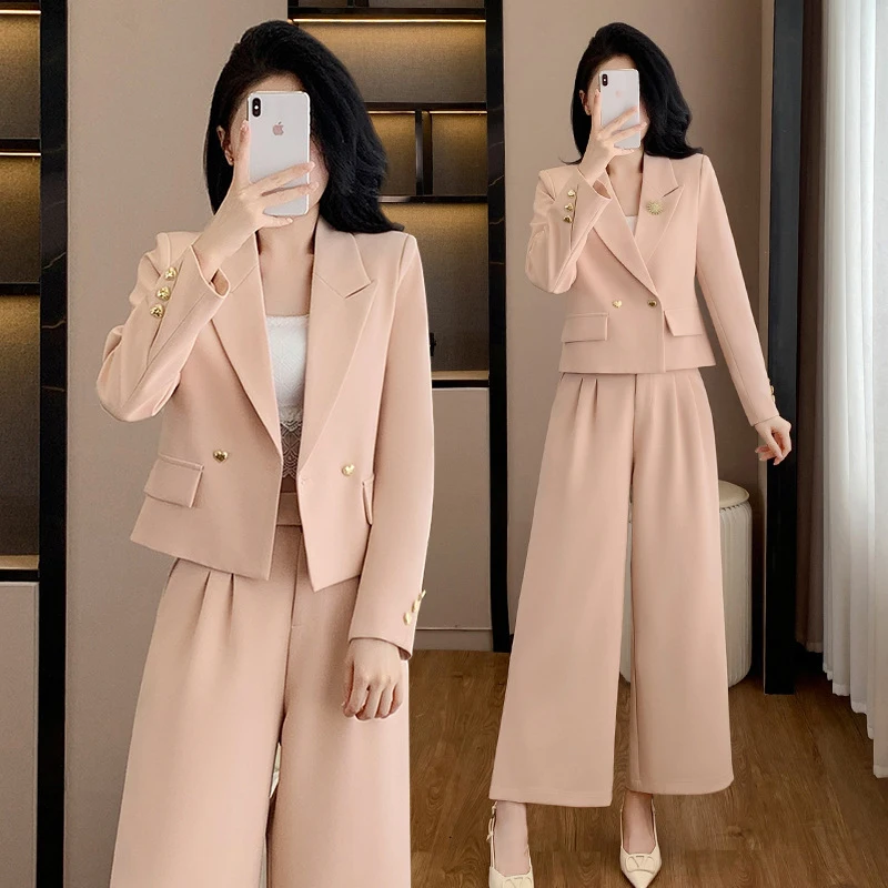 Elegant short-sleeved women's blazer suit2025New autumn and winter loose-fitting Korean-style wide-leg pants and blazer two-piec