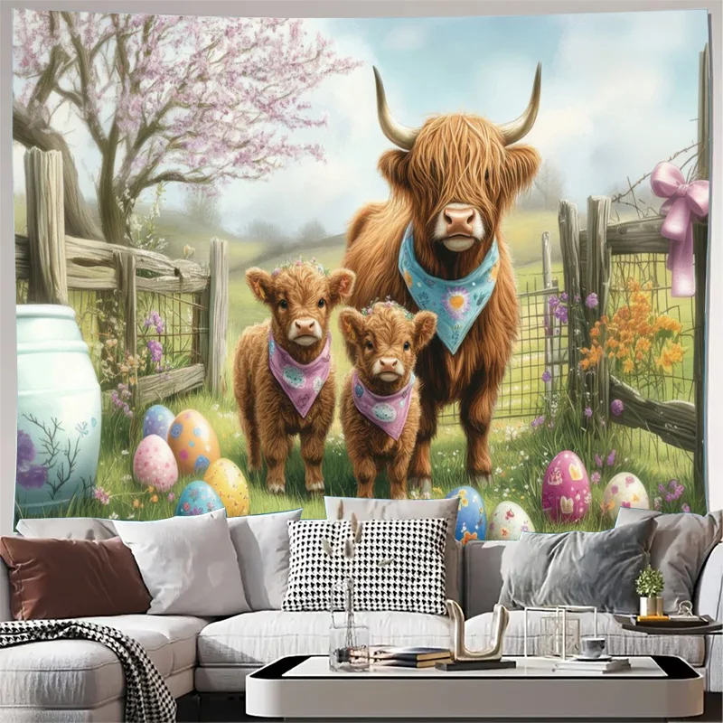 Cute Cow Calf Spring Farm Tapestry Wall Hanging Whimsical Animal Nursery Decor Rustic Cottagecore Art Print for Home Decoration