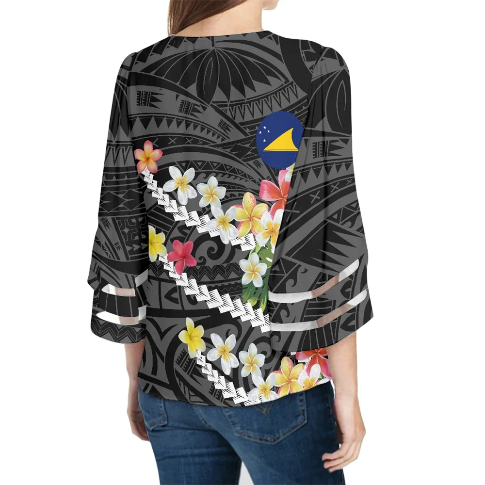 New Arrival Lady Blouse Polynesian Tribal Samoa Tokelau Island Print Women Blouse Half Sleeve Chiffon V-neck Loose Sexy Blouse