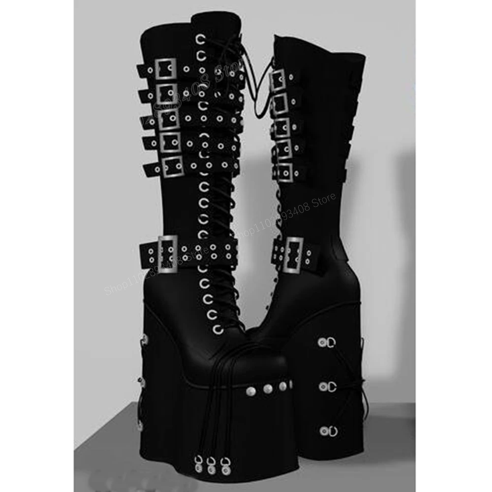 

Black Round Rivets Platform Buckle Belts Knee High Boots Cross Tied Wedges High Heel Sexy Women Shoes 2024 Zapatos Para Mujere