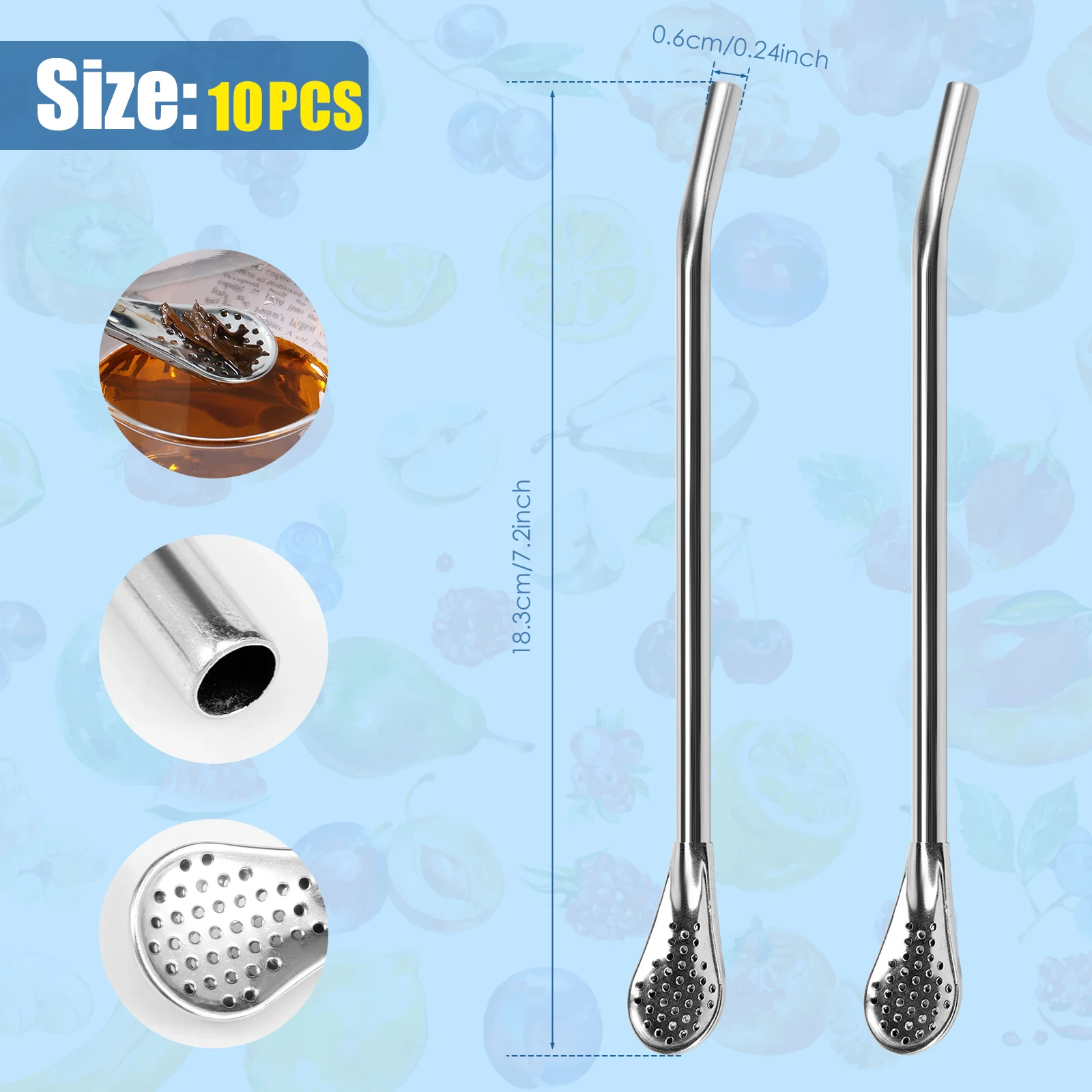 3/10Pcs Silver Stainless Steel Drinking Straws Washable Reusable Yerba Mate Tea Spoon Filter Straw for Cocktail Bar Accessories