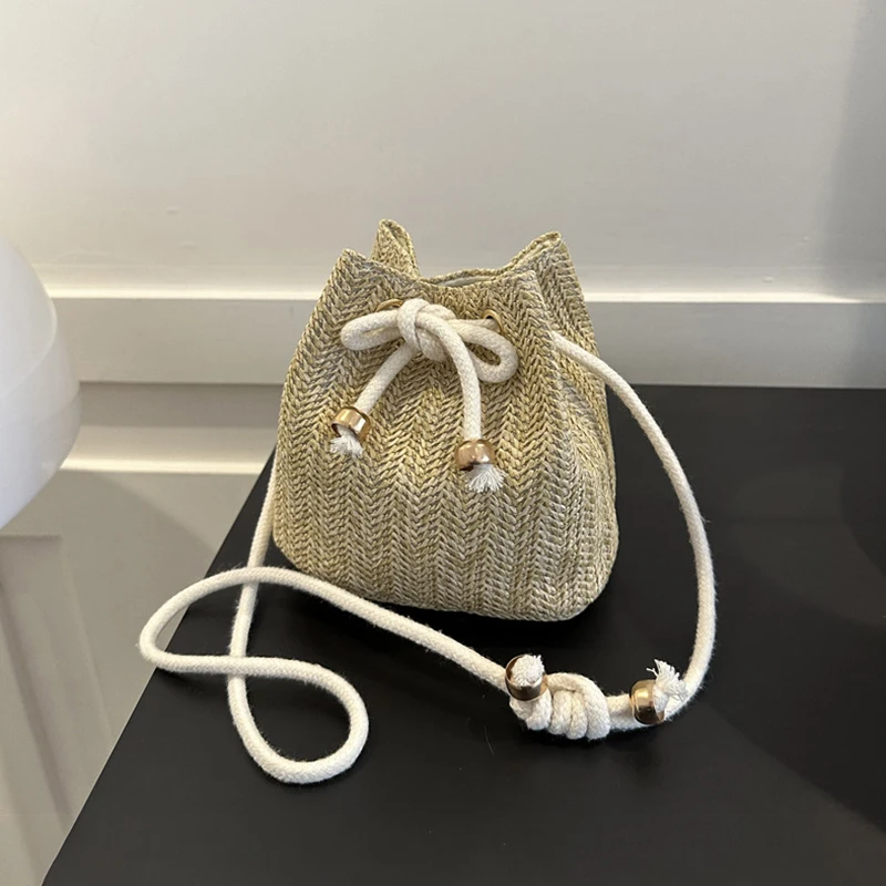 Fashion Womens Soft Woven Cross Body Bag Drawstring Straw Shoulder Bags Travel Handbag