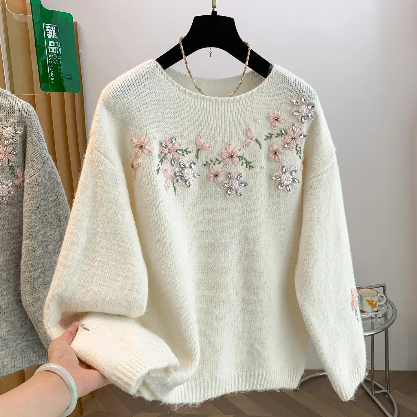 Soft Cozy Lazy Style Women's Knitted Sweater Autumn Winter Beautiful 3D Flower Embroidery Casual Fashion Big Size 2