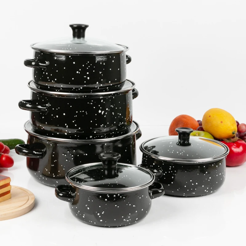 Enamel Soup Pot Set, Pitted Stew Pot, Black, Green, Blue, Brown, 16cm, 18cm, 20cm, 22cm, 24cm, Five Pieces set in the package