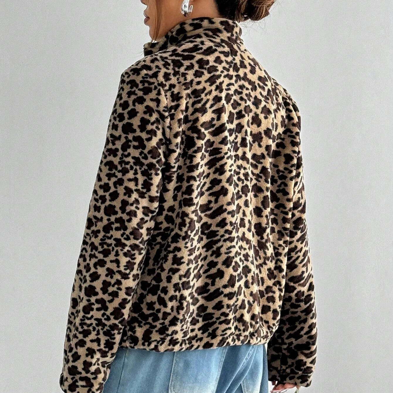 IG Women Leopard Print Stand Collar Zip-Up Fuzzy Jacket, Long Sleeve Warm Fluffy Short Coat, Winter Casual Street Outerwear