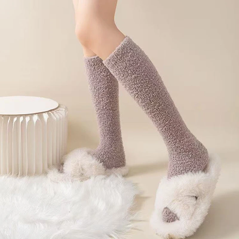 1/2/3/4/5 Pairs Random Women Autumn Winter Solid‑Color Coral Fleece Thick Fleece‑Lined Warm Calf‑High Socks