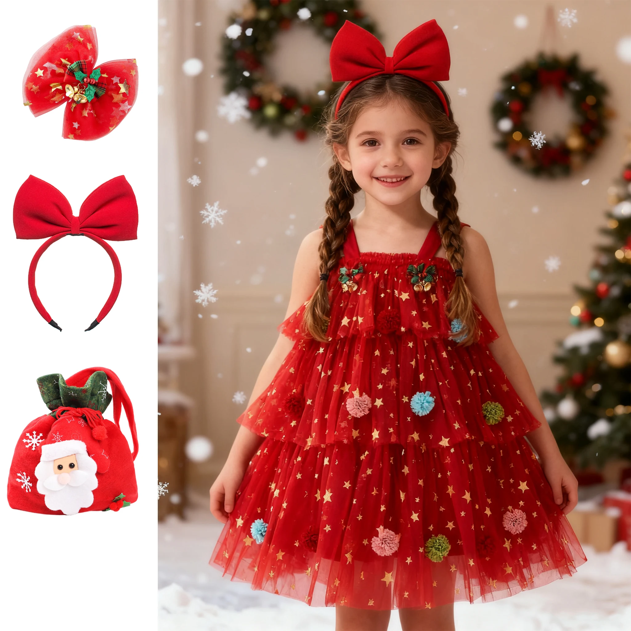 Toddler Baby Girl Christmas Dress Star Sequin Layered Tutu Tulle Dress Girls Cake Smash Xmas Tree Dresses New Year Party Dress