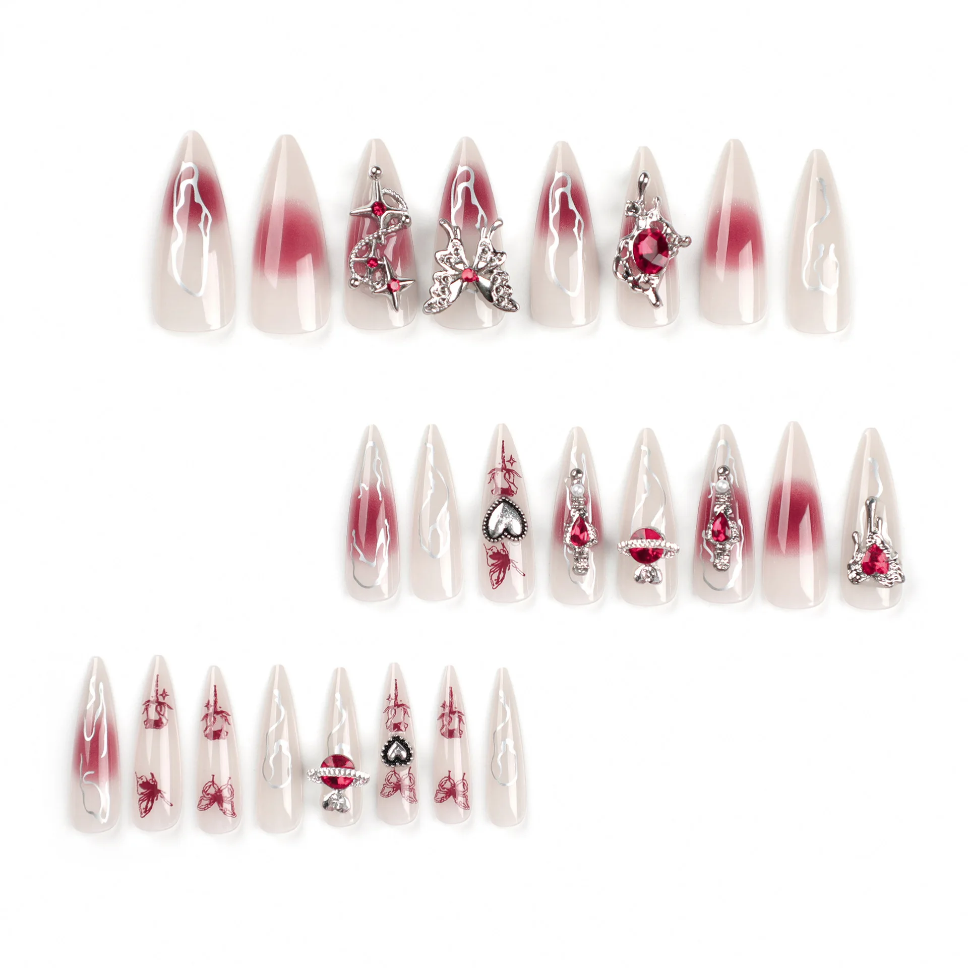 24pcs Goth unghie finte 3D Sliver Metal Heart Butterfly Decor Press on Nail con Design in cristallo rosso Cool Girl False Nail Tips