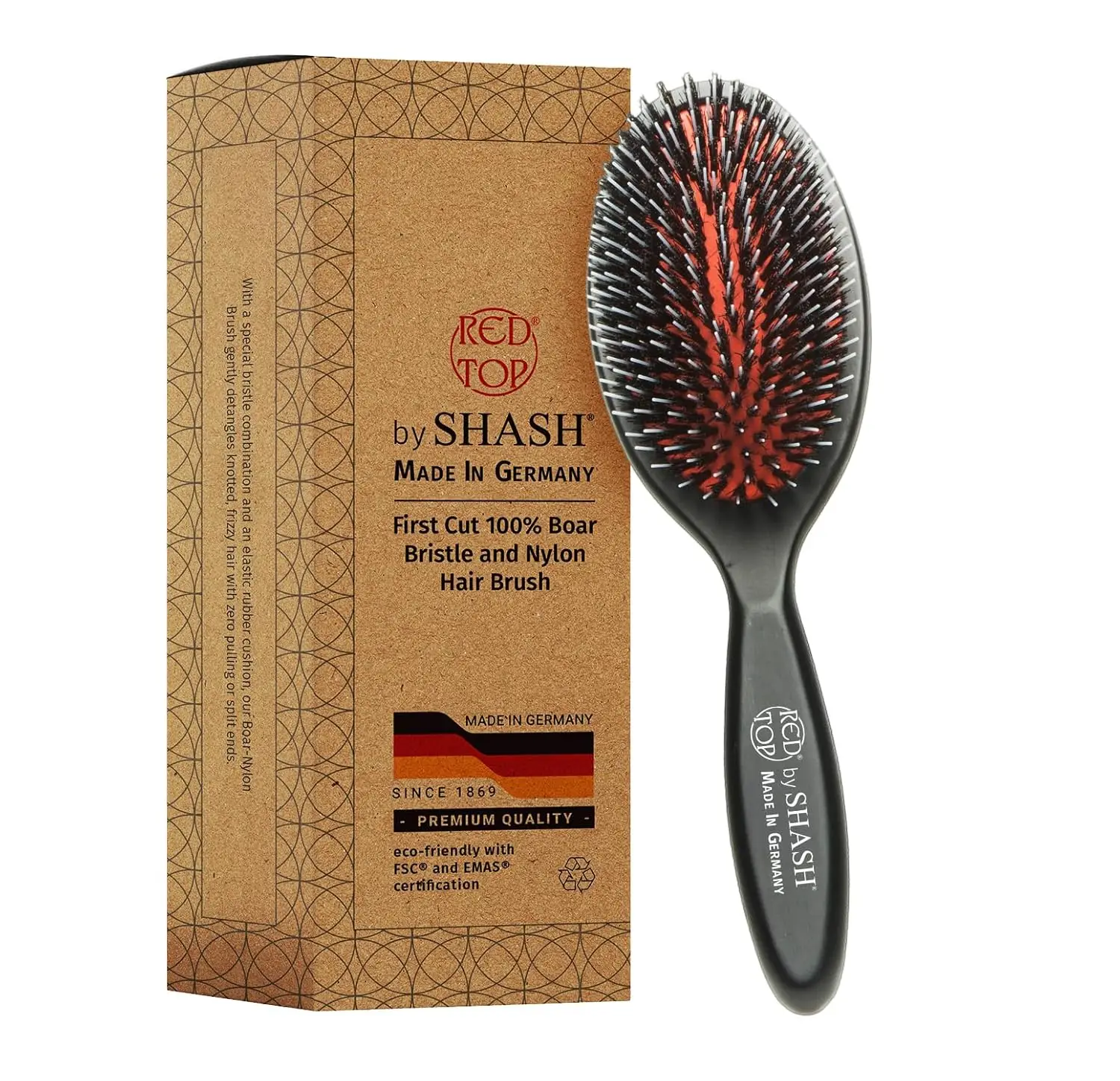 

Since 1869 Hand Made In Germany - Nylon, 100% First Cut Boar Bristle Brush Suitable For Normal to Thick Hair - Gently Deta