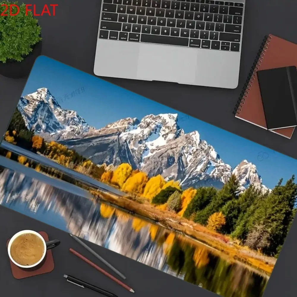 Blue, White, Yellow, And Green Snow-Capped Mountains And Lakes Reflecting Natural Scenery in Autumn. Office/Gaming Desk Mat