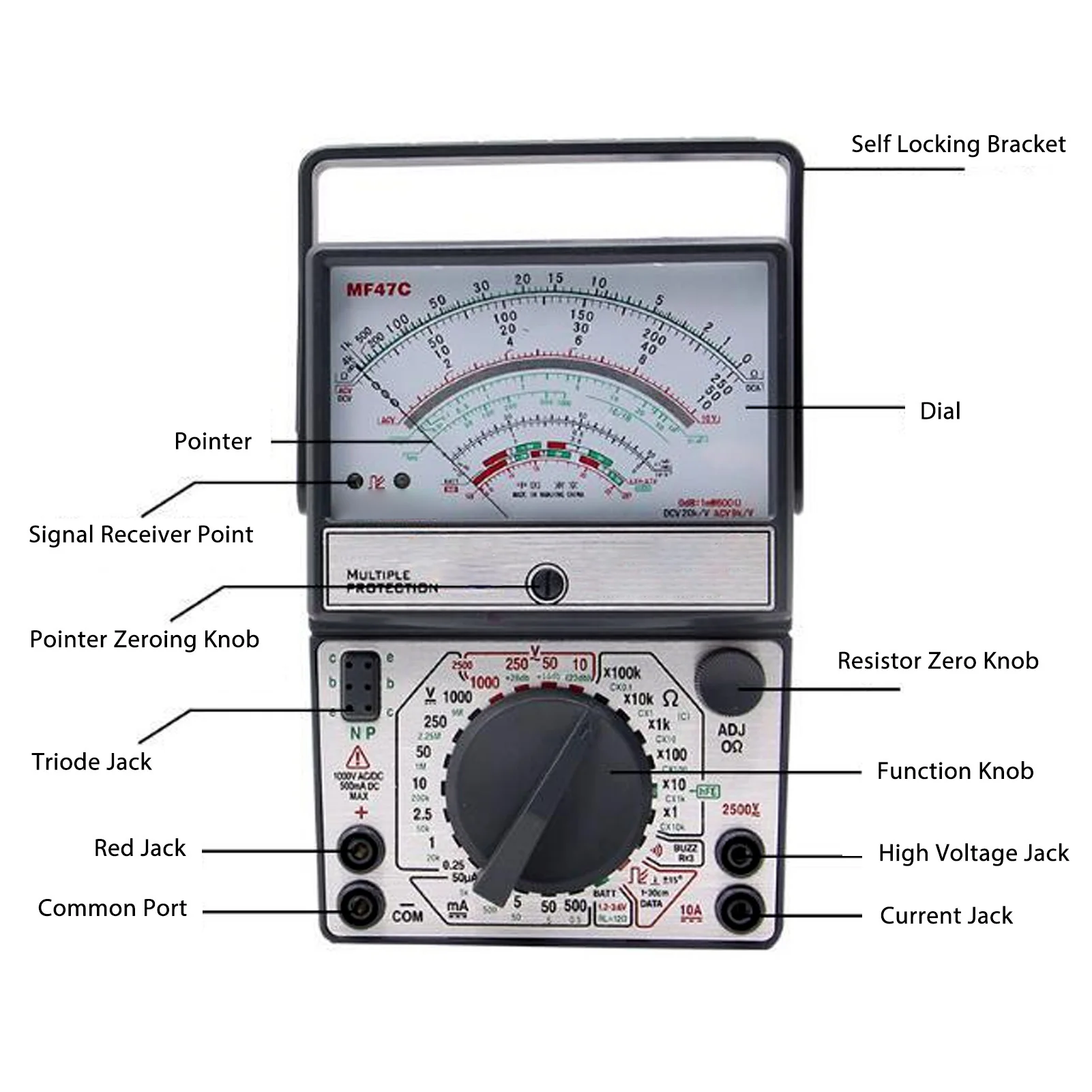 مقياس متعدد تناظري، صفارة ميكانيكية عالية الدقة مقاومة للحرق، حماية كاملة، علبة بلاستيكية مغناطيسية خارجية MF47C