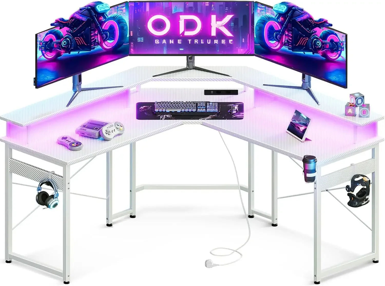 Gaming-Tisch mit LED, Gaming-Schreibtisch mit 2 Steckdosen und 2 USB-Ladeanschlüssen,
