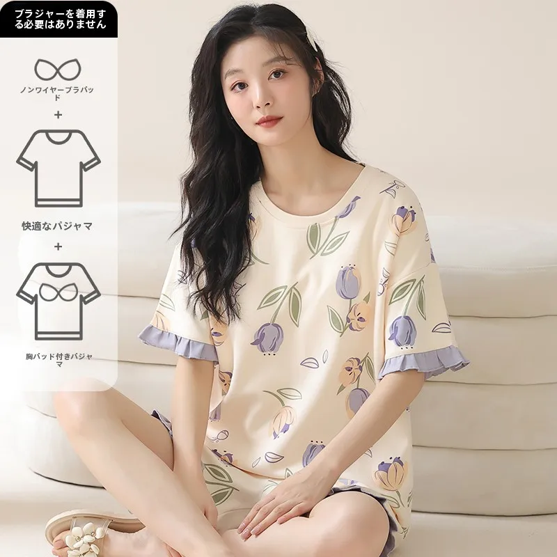 純綿夏の寝間着レディースカジュアル薄い半袖ラウンドネックフラワーホーム服セット快適な通気性のあるナイトガウン