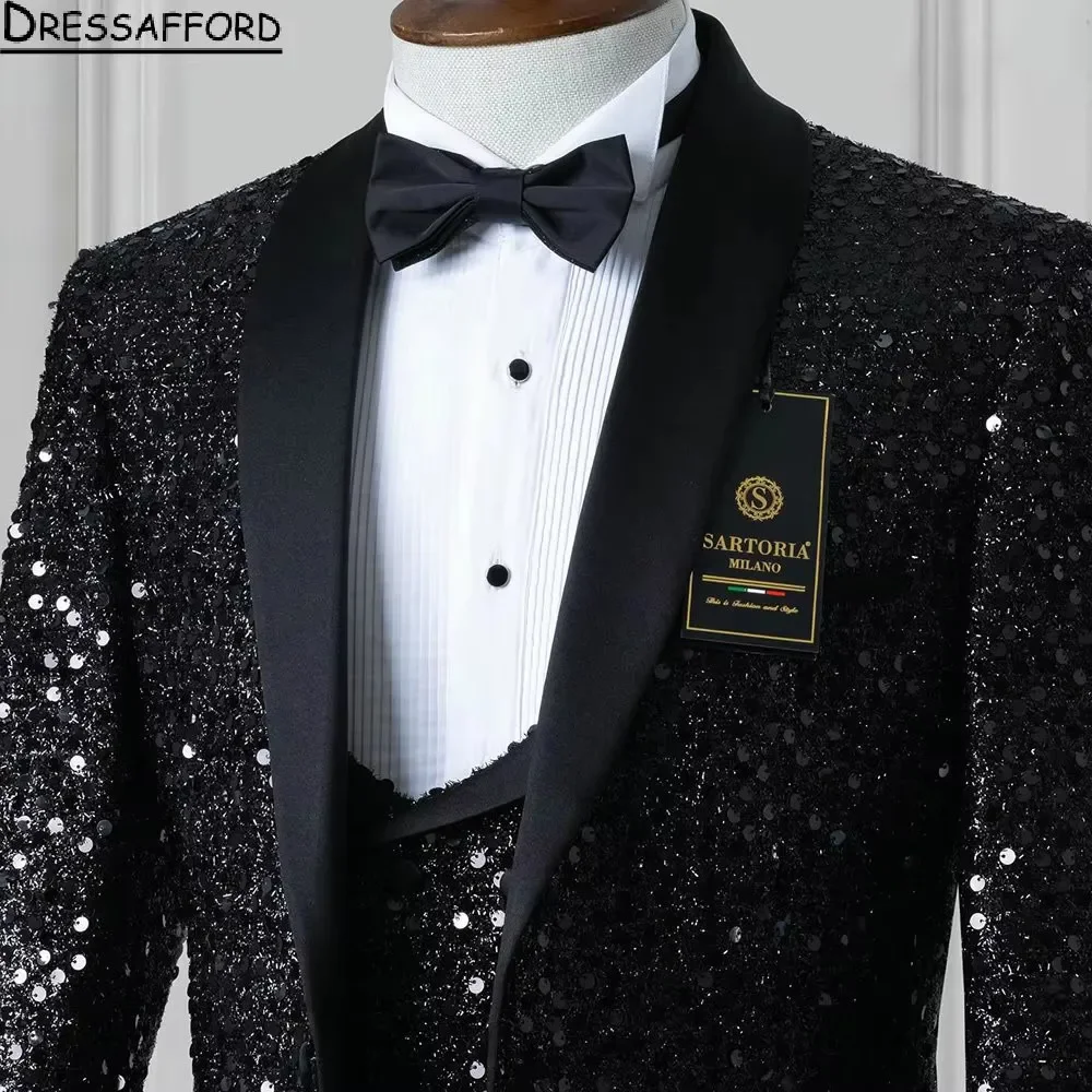 Black Sequined Groom Wear Formal Men Suits 3 Piece Jacket Vest And Pants Sets Smart Casual Business Blazer