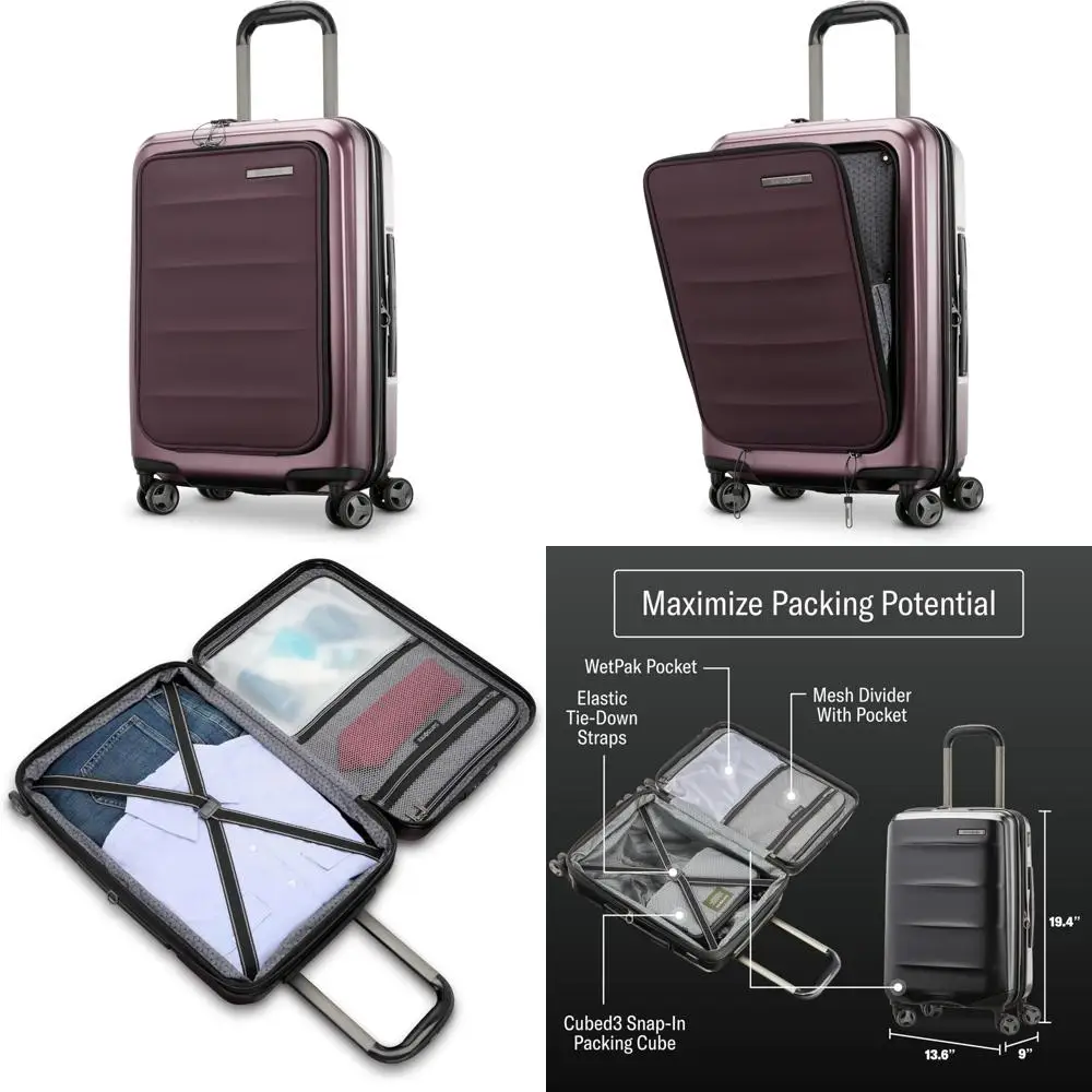 

расширяемый 21-дюймовый твердый багаж с передним карманом и 360° ° вращающиеся колеса для долговечности и ударопрочности.