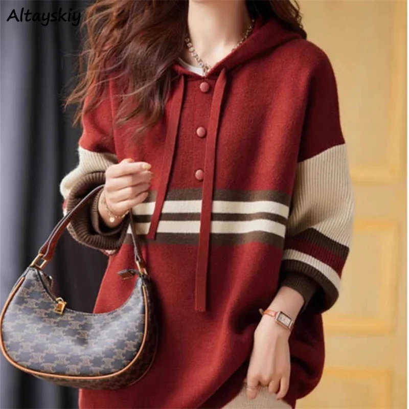 

Hooded Striped Sweaters Women Pullovers Korean Style Winter Thicker Knitwear Lace-up Loose Casual Vintage Temper Tender Cozy