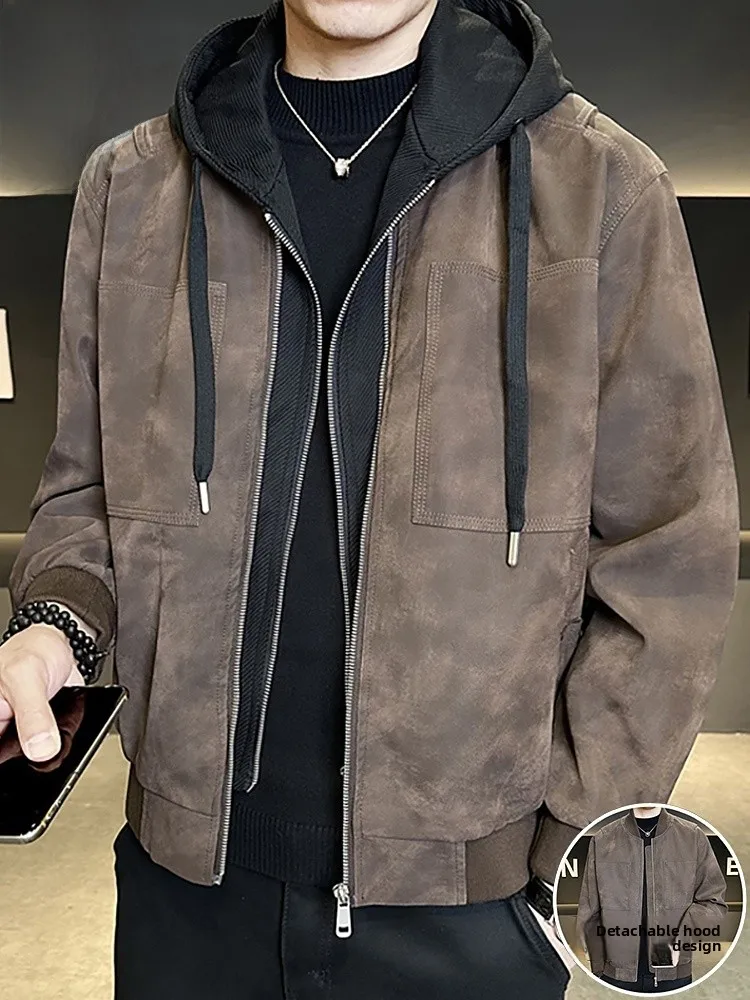 

Casual Hooded Leather Jaet Men's Spring Faion Brand American Workwear Loose Fit Long Sve Zipper Closure