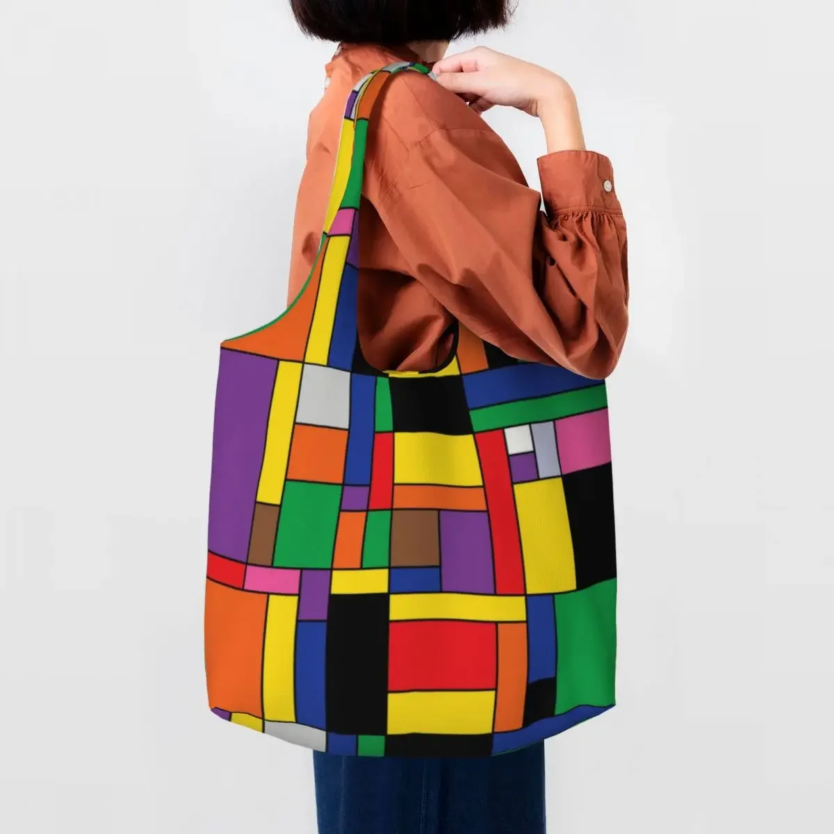 

Custom Pride De Stijl Shopping Tote Bags Piet Mondrian Abstract Art Canvas Groceries Shopper Shoulder Bag Photography Handbag