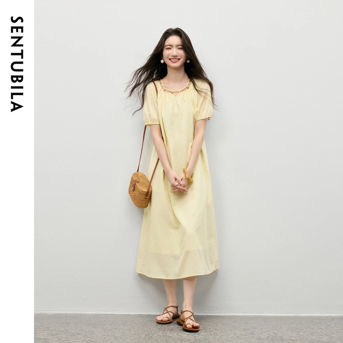 

SENTUBILA Women's Minimalist A-Line Dress Elegant Round Neck Cut Out Beaded Removable Tie Casual Short Sleeve Dress 162LI5980