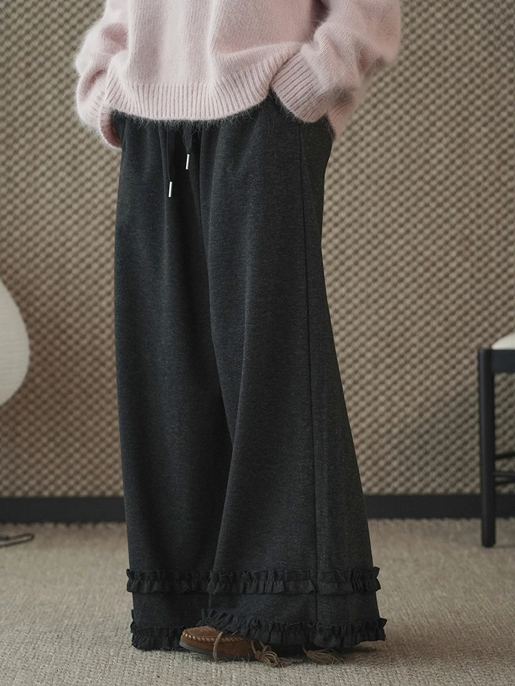 FANAN-pantalones Vintage de encaje empalmado para mujer, pantalones elásticos de cintura alta, rectos, de pierna ancha, ropa con cordón, novedad de invierno