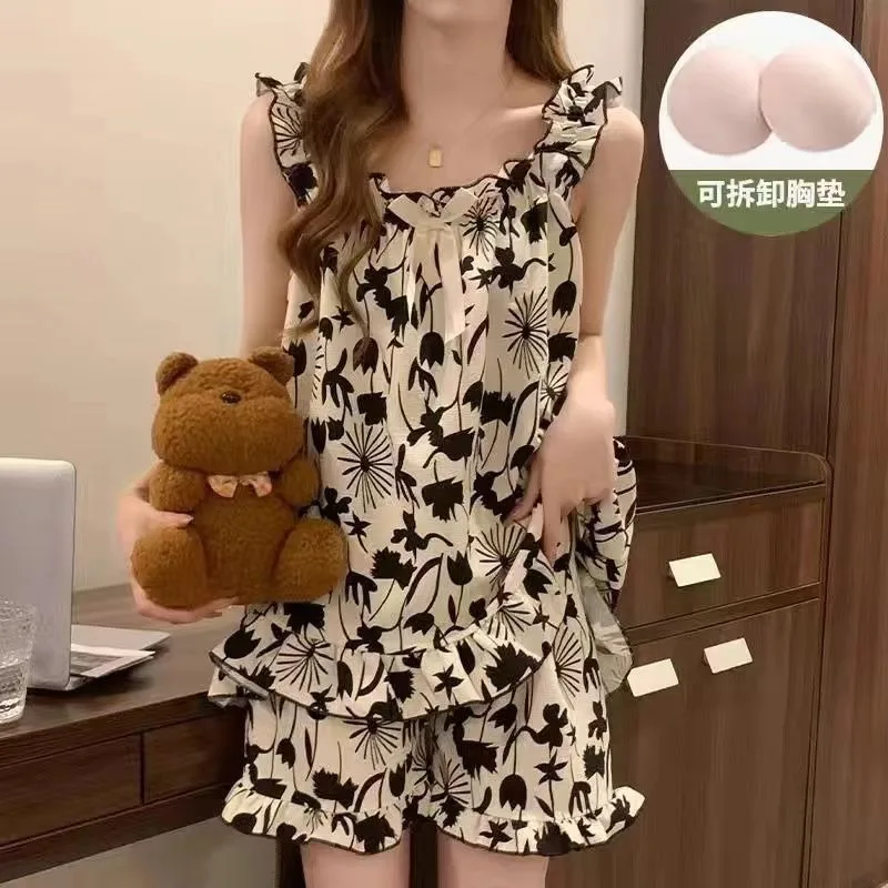 New Women Pajama Set Two-Piece Camisole Set Padded Bra Cartoon Design Girls Loungewear Students Can Wear Outdoors Lady Homewear