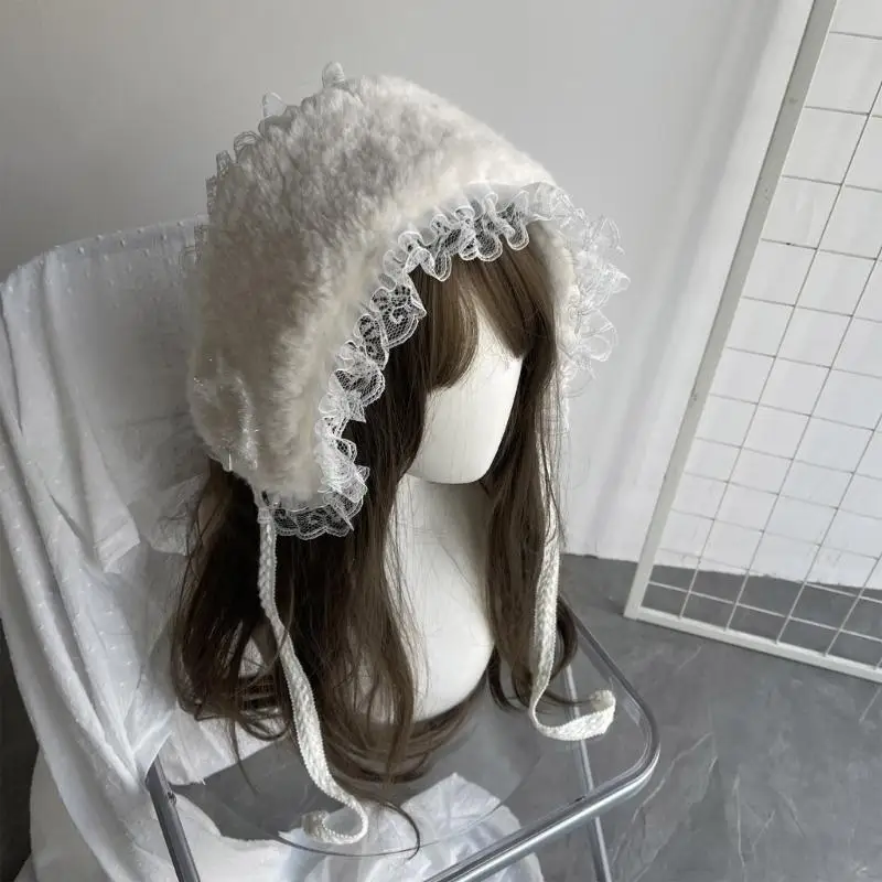 Y3NE وشاح من الصوف الصناعي مزين بالدانتيل وشاح للرأس للنساء قابل للتعديل لتدفئة الرقبة في الشتاء وخفيف الوزن للخريف والشتاء #2