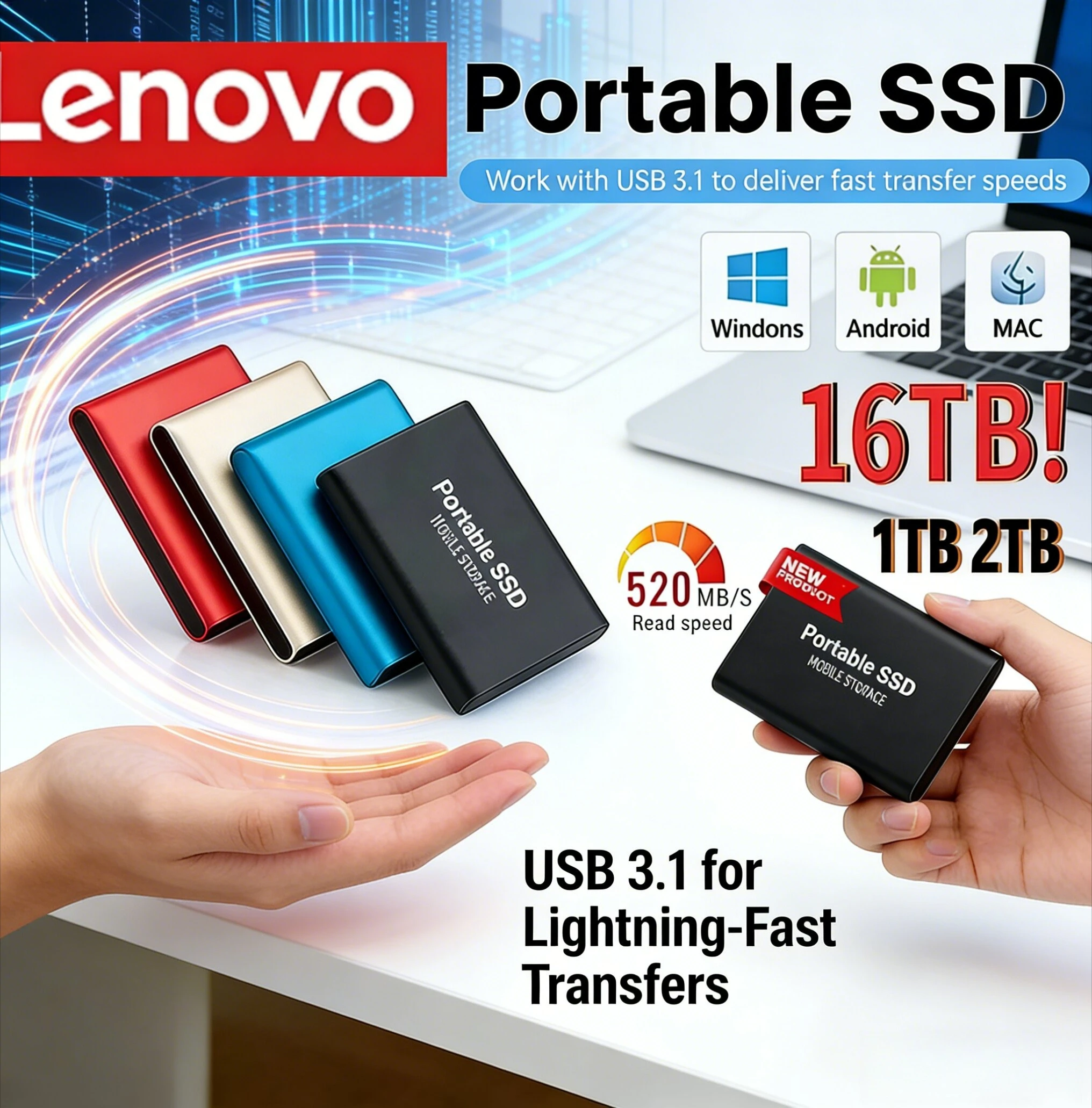 

Внешний твердотельный накопитель Lenovo 2026 USB3.1 SSD 2 ТБ 128 ГБ 256 ГБ 1 ТБ 2 ТБ для ноутбуков, ПК, Mac и мобильных устройств